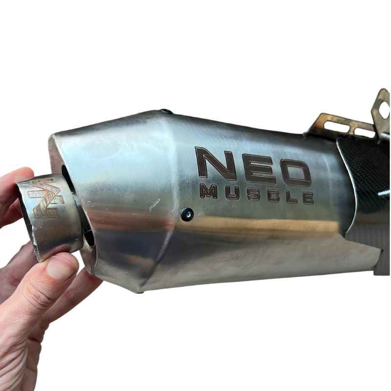 Neo Muscle stainless steel DB Killer installed in Yamaha XSR155 exhaust muffler, showing easy removable fit and sound reduction insert.