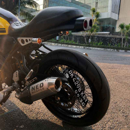 Rear angle view of Yamaha XSR155 with Neo Muscle stainless steel performance exhaust installed