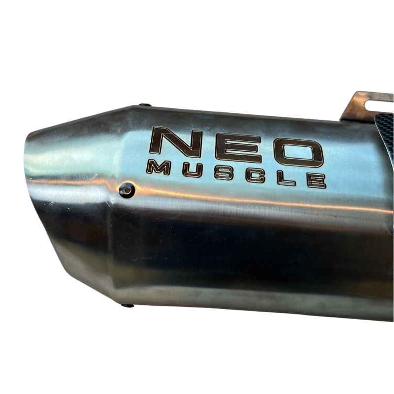 Close-up of the Neo Muscle stainless steel muffler with engraved logo for Yamaha XSR155 dual exhaust system