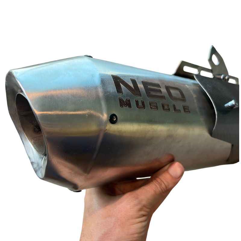 Close-up of the Neo Muscle stainless steel muffler outlet with engraved logo for Yamaha XSR155 dual exhaust system