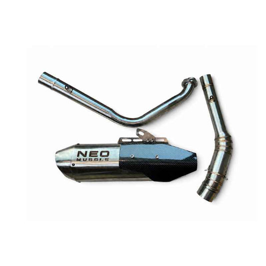 Neo Muscle dual exhaust kit components for Yamaha XSR155 with stainless steel muffler, header pipe and mid pipe
