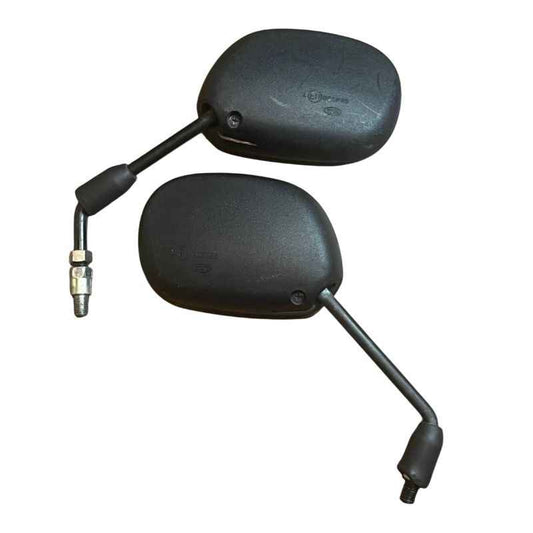Back side of the original Yamaha XSR155 OEM mirror set removed from the Neo Muscle project motorcycle. Genuine factory left and right rear view mirrors showing the original housings and mounting stems in good used condition.