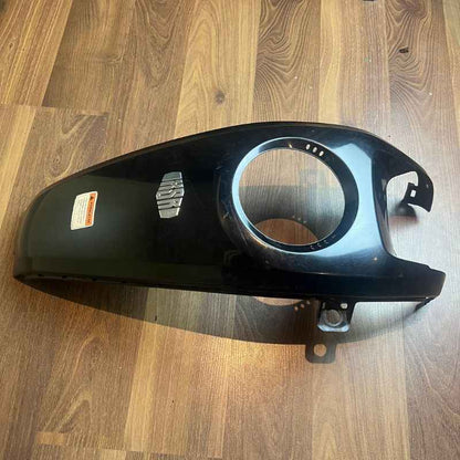 Angled view of the original Yamaha XSR155 OEM upper tank cover with factory XSR logo and fuel cap opening. Genuine Yamaha fuel tank cover removed from the Neo Muscle project motorcycle, showing original mounting points and light cosmetic scratches from normal use.